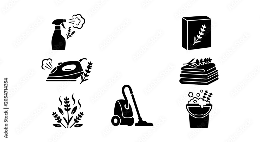 Fototapeta premium Lavender Scented Home Cleaning Icons, Laundry Care Symbols, Natural Fragrance Vector Set