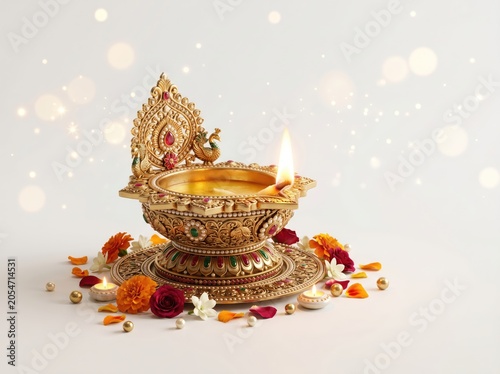 Traditional golden diya lamp with flowers isolated on white background