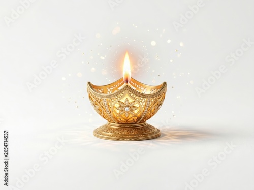 Traditional golden diya lamp with flowers isolated on white background