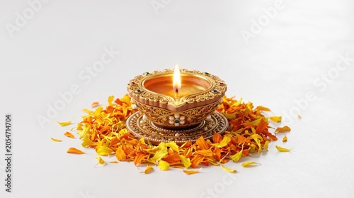 Traditional golden diya lamp with flowers isolated on white background