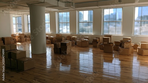 Empty loft with stacks of cardboard boxes, ready for move