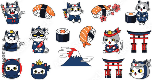 Cuadro en lienzo Cartoon cats in Japanese attire with sushi, torii gates, and Mount Fuji