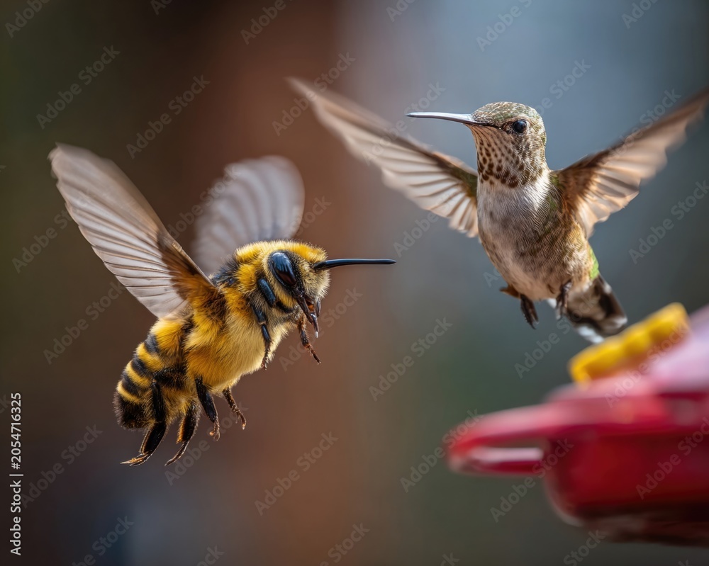 Obraz premium High-speed bee vs hummingbird rivalry at feeder, motion blur mastery