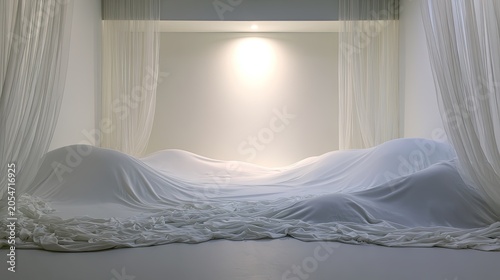 Soft white fabric draped over undulating forms, creating a serene, ethereal landscape