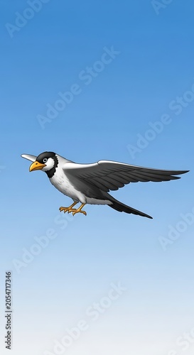 Seagull in flight over sandy beach with ocean backdrop.