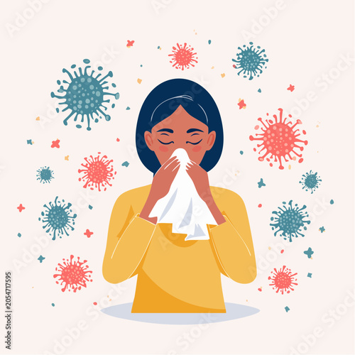 Woman blowing nose surrounded by viruses