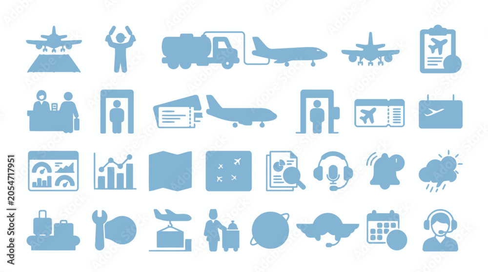 Naklejka premium Light blue silhouette icons for airport ground handling and passenger services.
