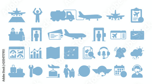 Bild auf Leinwand Light blue silhouette icons for airport ground handling and passenger services