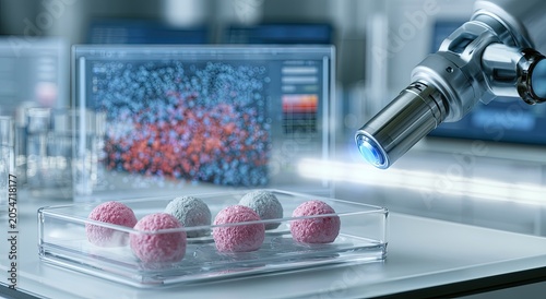 Robotic arm analyzes petri dish with pink and white spheres