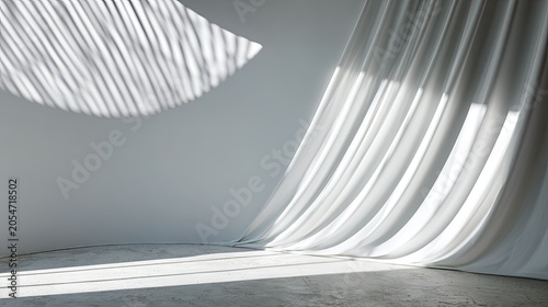 Soft white curtains billow, casting striped shadows on a stark, minimalist wall and floor