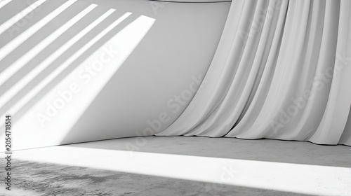 Sunlight streams through blinds, casting striped shadows on a white, draped interior