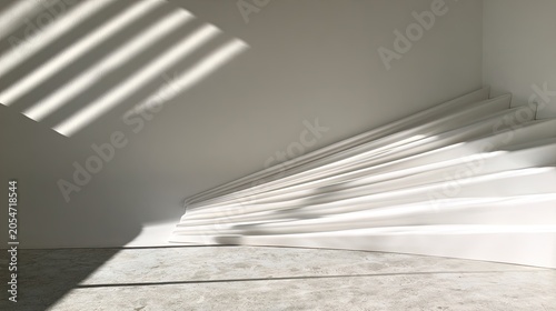 Stark white, minimalist staircase bathed in dramatic striped sunlight