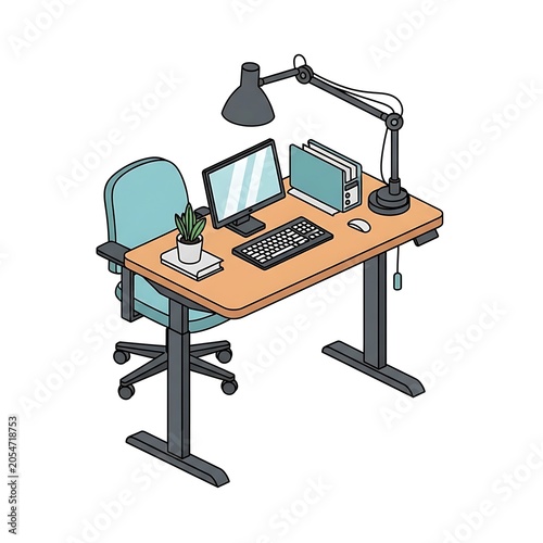 Modern standing desk with dual monitor setup and accessories.