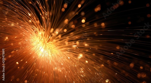 Abstract burst of bright orange light strands against a dark background