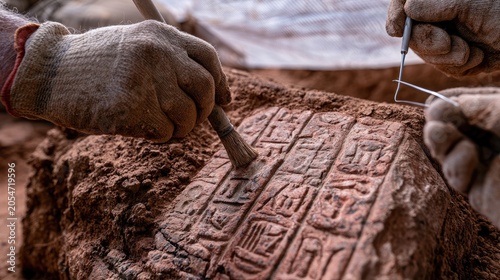 Hands uncover ancient carved inscription on clay