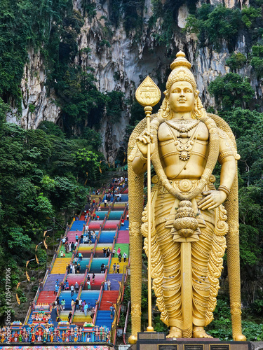 Photography Batu Caves colorful staircase and Lord Murugan statue in Kuala Lumpur, Malaysia