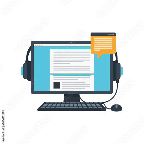 Computer with headphones and chat.
