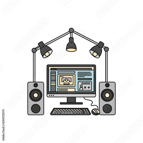 Computer workstation with monitor speakers.