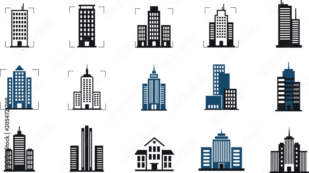 Obraz premium Corporate office building and skyscraper vector icon set featuring real estate apartments towers and city landmarks for commercial property business development