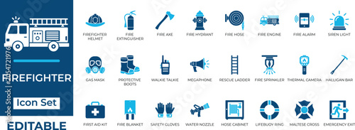 Cuadro en lienzo Firefighter and emergency rescue equipment vector icon set