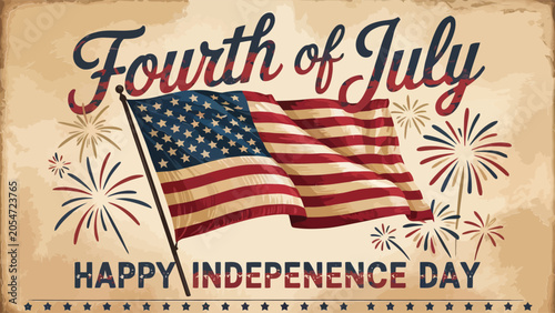 American flag waves on fourth of july with fireworks