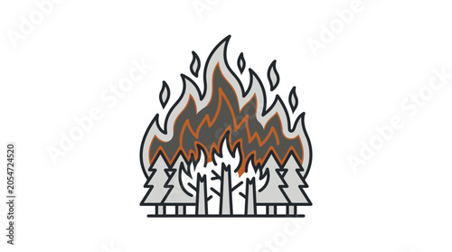 Small group of pine trees engulfed in fire flames.