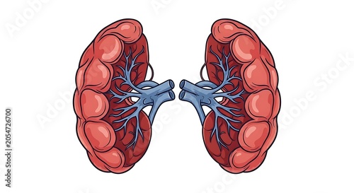 3D rendered human kidneys with blood vessels isolated on white background.