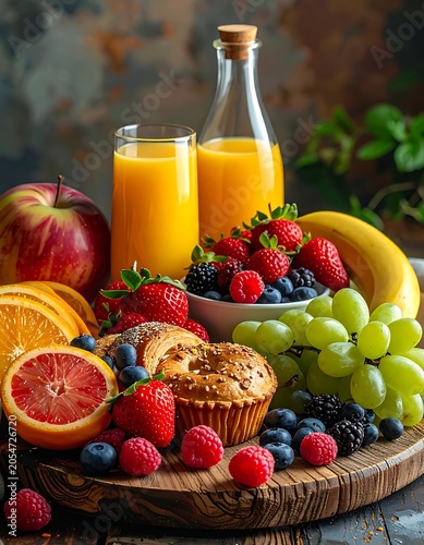 A wooden platter with various fruits and pastries on a table