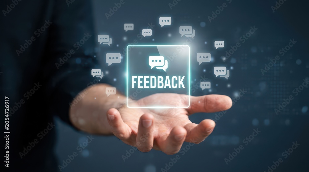 Fototapeta premium Hand holding digital feedback concept with floating chat bubbles and technology background