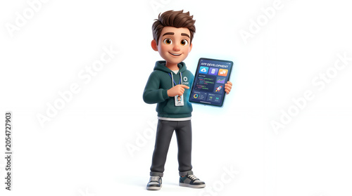 Cute 3D cartoon software developer holding tablet device