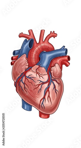 3D rendered human heart with blood vessels anatomy.