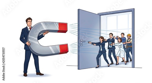 Businessman using giant magnet to attract professional talent.