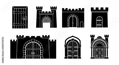 Obraz na plátně Medieval Castle Gates and Doors Vector Icons, Fortress Entrances, Historic Archi