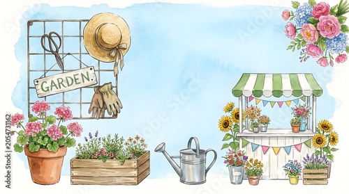 Watercolor illustration of charming garden market scene with fresh flowers and plants.