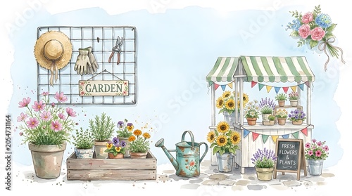 Watercolor illustration of vibrant garden market scene with fresh flowers and plants.