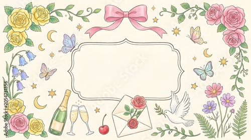 Elegant floral border design with central frame and romantic symbols for wedding invitation.