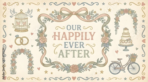 Floral frame with banner text our happily ever after for elegant wedding card design.