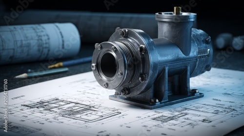 Detailed view of a mechanical pump on a blueprint with tools in a workspace