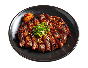 Mouthwatering appetizing culinary photography highlighting sliced glazed roasted meat on a dark plate.