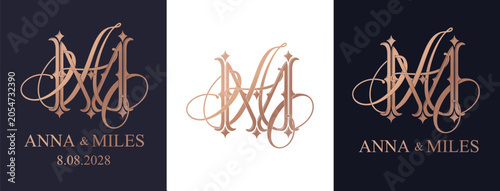 AM MA wedding crest monogram featuring intertwined decorative letters. Elegant logo design for weddings, invitations and event branding.