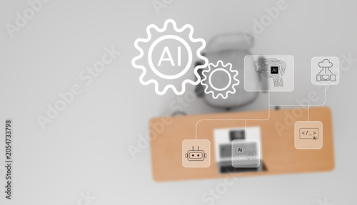 Foto AI gear system cyber digital smart office workflow interface, Artificial intelligence integration and corporate automation concept