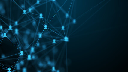 Futuristic blue people network, cyber social media connection user nodes with right copy space for corporate presentation.
