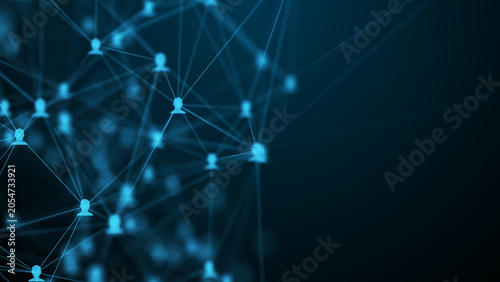 Fotografía Futuristic blue people network, cyber social media connection user nodes with right copy space for corporate presentation