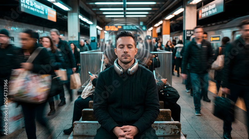 Man meditating in a busy subway station with noise canceling neck device representing calm and mindfulness amidst urban city chaos