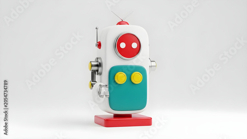 A small white robot with a red face and teal panel stands on a red base