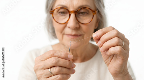 Focused senior woman with glasses threading a needle against a white background, practicing sewing hobby, textile craft, and fine motor skills.