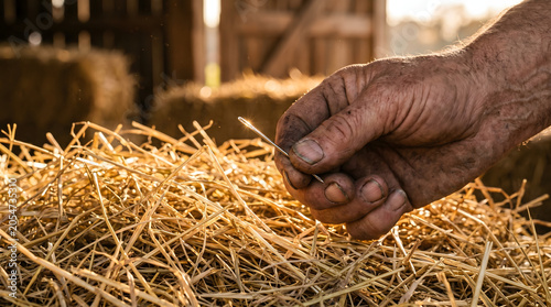 Weathered dirty hand holding a small silver needle discovered inside a large pile of golden hay straw in a rustic barn setting.