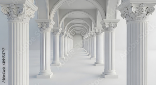A serene perspective of a long white colonnade stretching into the distance with ornate columns and arches in a clean interior.