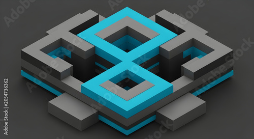 A 3D illustration of a blue and gray maze-like structure on a dark surface