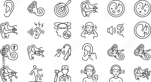 Photos Ear Diseases, Otolaryngology Disorders, and Hearing Loss Vector Line Icons Set (